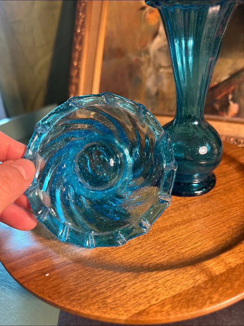 Two piece blue glass blown . Vase and salt cellar .